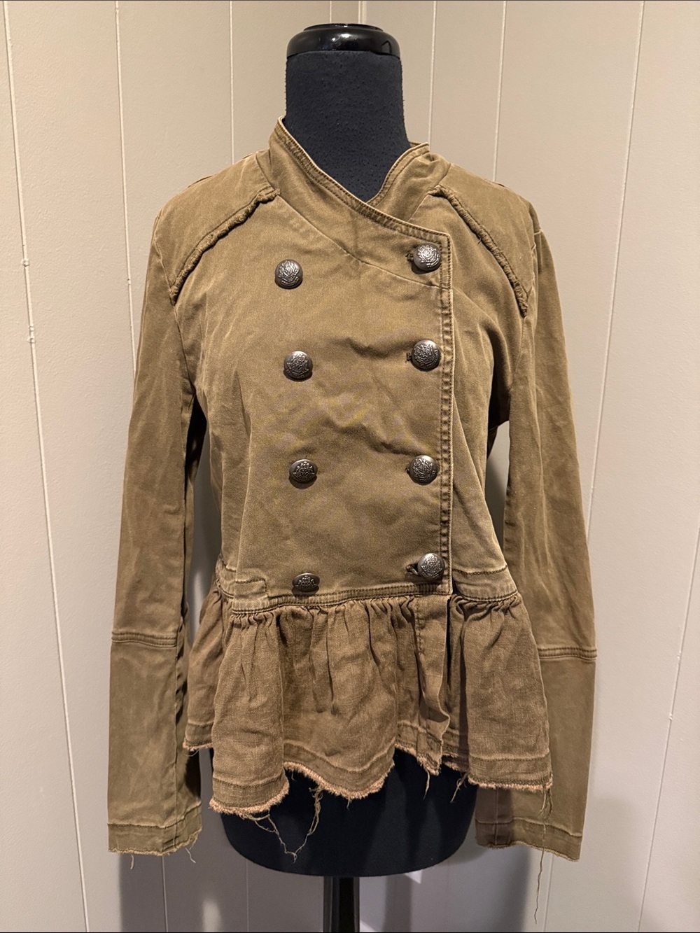 Free People Women’s Medium Olive Green Double-Breasted Peplum Military Jacket